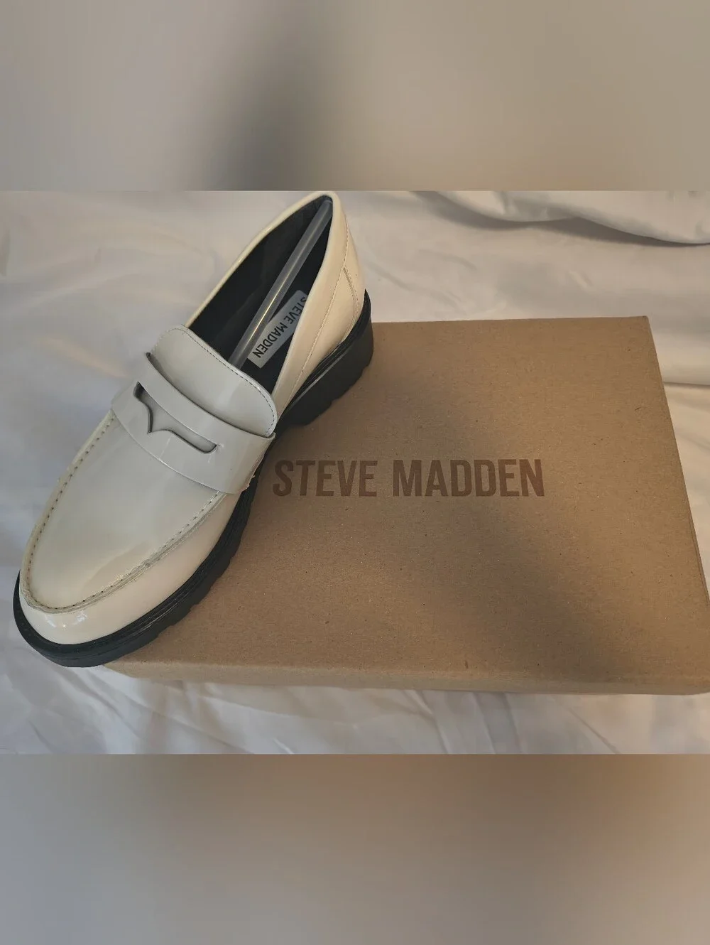 Steve Madden Men’s White Patent Penny Loafers with Black Lug Sole